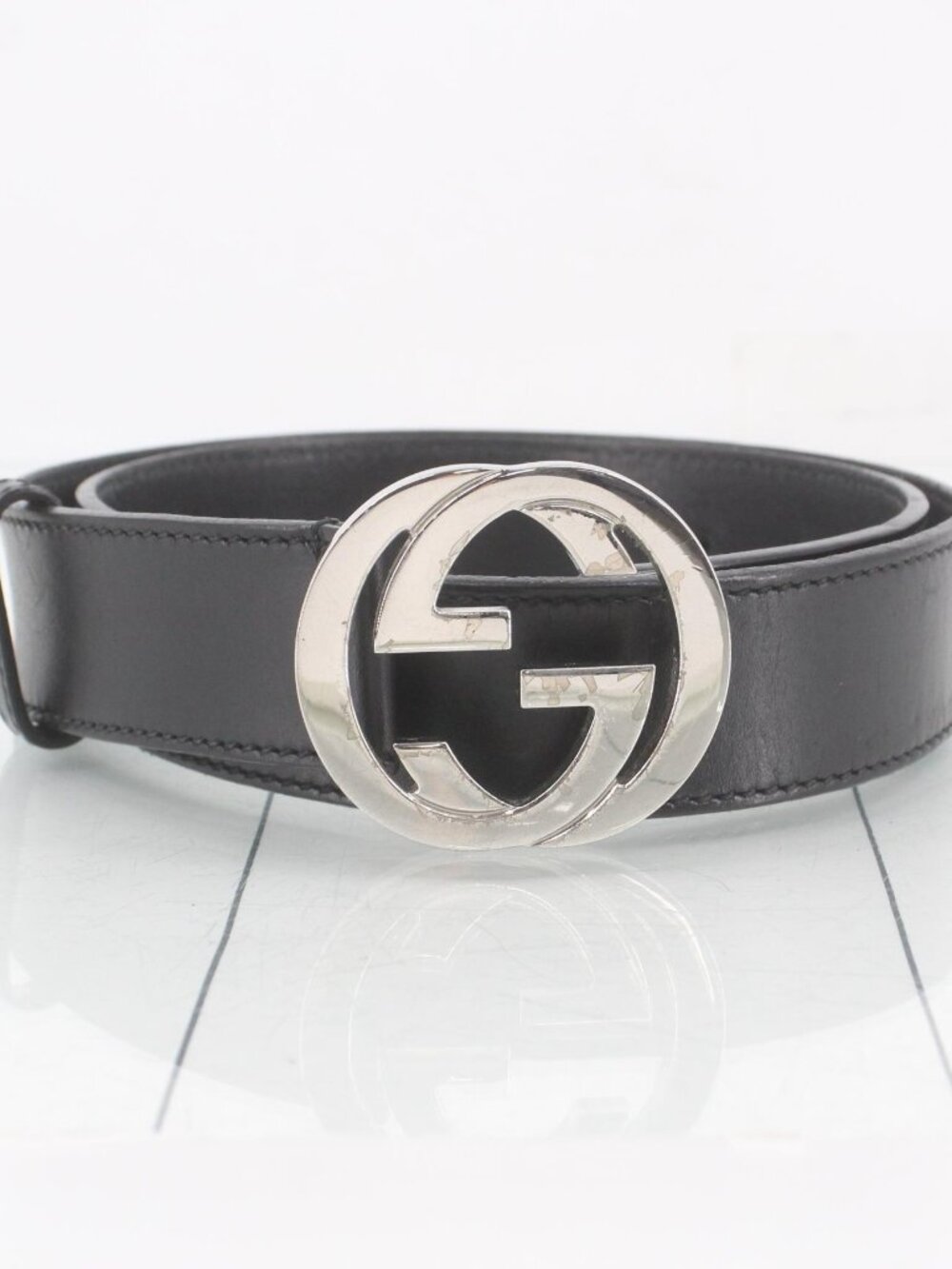 Gucci Black Leather Belt with Silver Double G Buckle